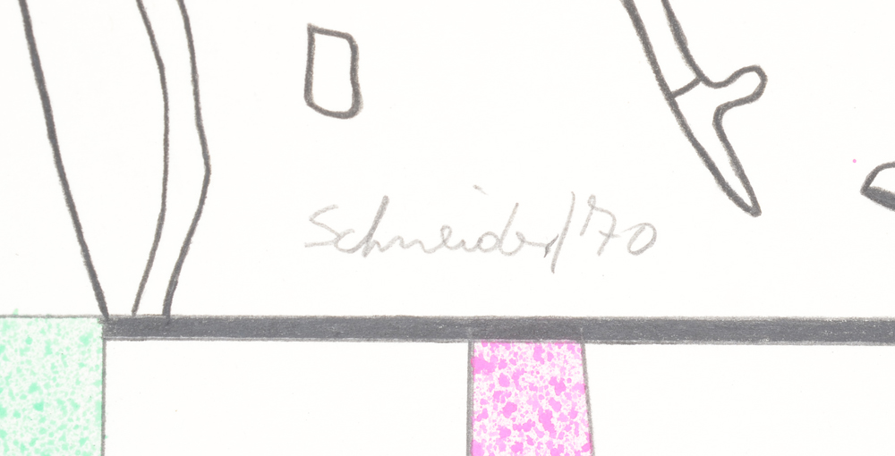 Jürgen Schneider 'Niet stout zijn!' signature  — Signature of the artist and date on the front in pencil 'Schneider/70'. Situated between the middle and the left bottom corner.