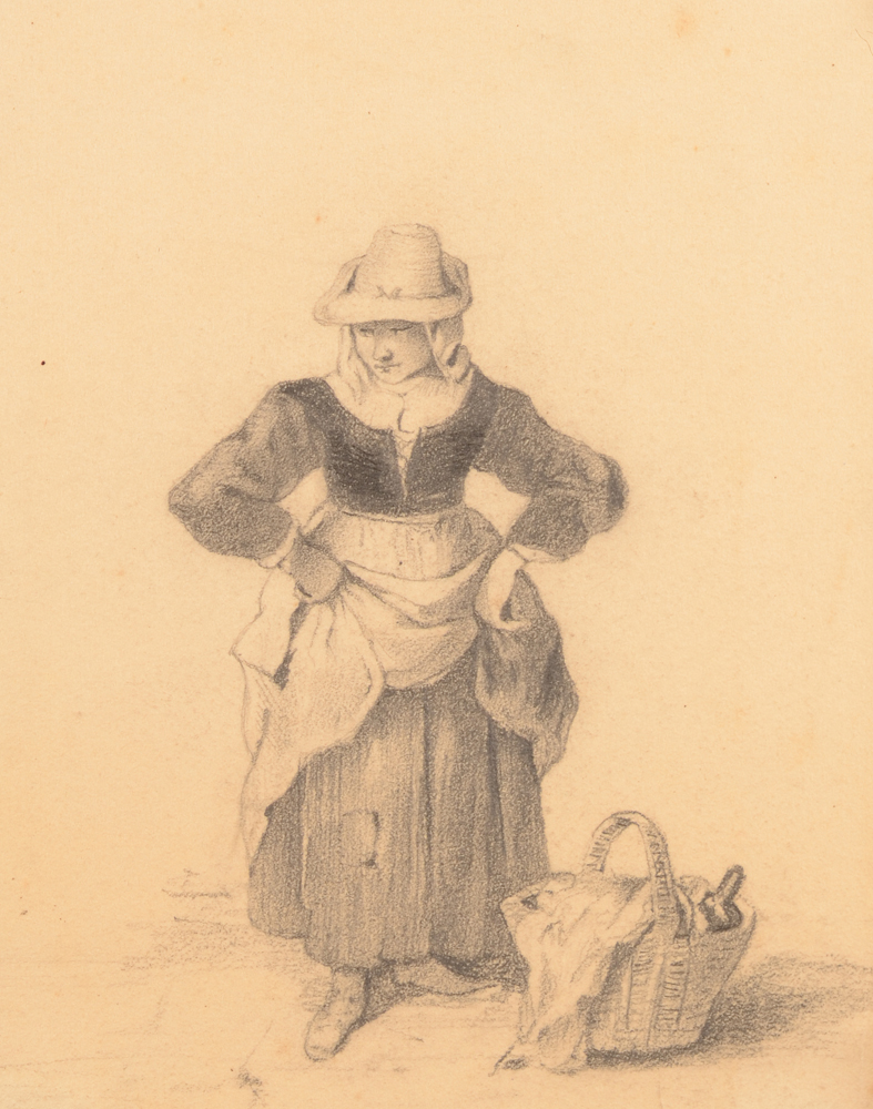 Unknown drawing woman — Femme en habits 18me avec un panier, dessin originale 19me