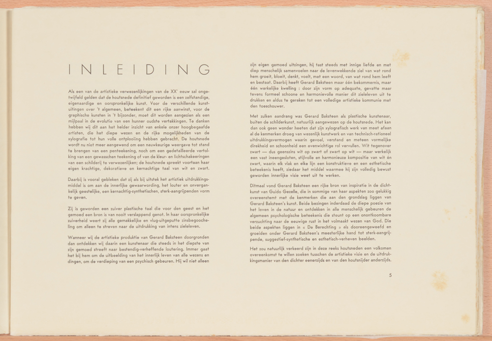 Gerard Baksteen Tien houtsneden naar de berechtinge van Guido Gezelle, introduction  — Introduction by Dr. Louis Lebeer. Two pages in total. Dutch language.&nbsp;