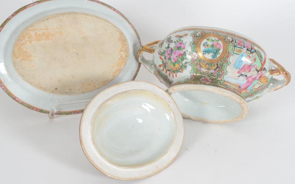 Two oval Canton famille rose tureens on saucers