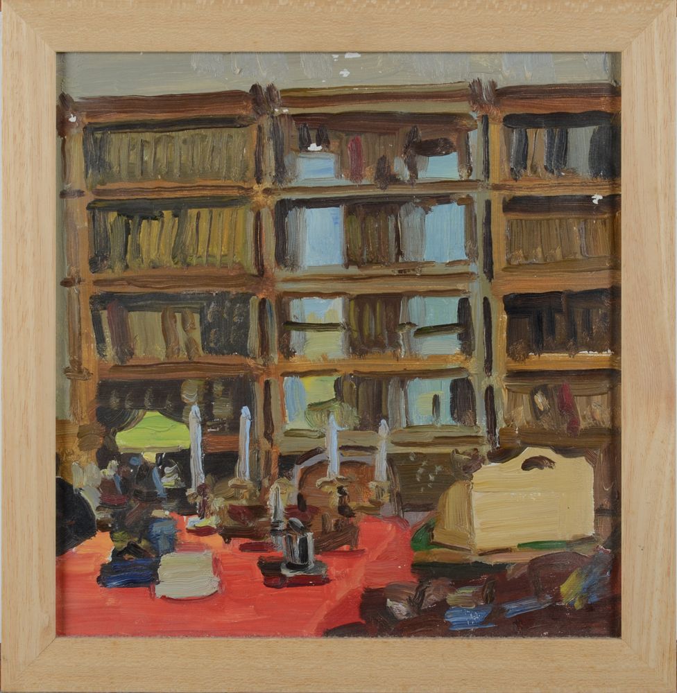 American School, the library, oil on board — The painting in its modern frame by Eric Van Meenen
