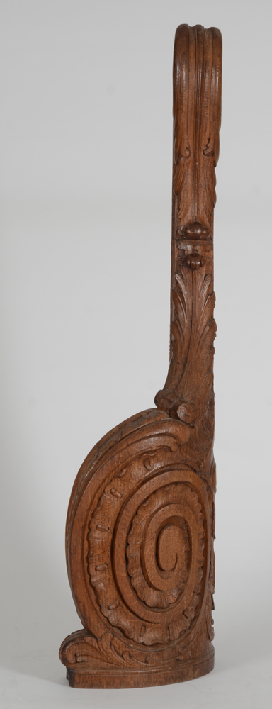 An 18th century hand carved oak staircase newel post — different view