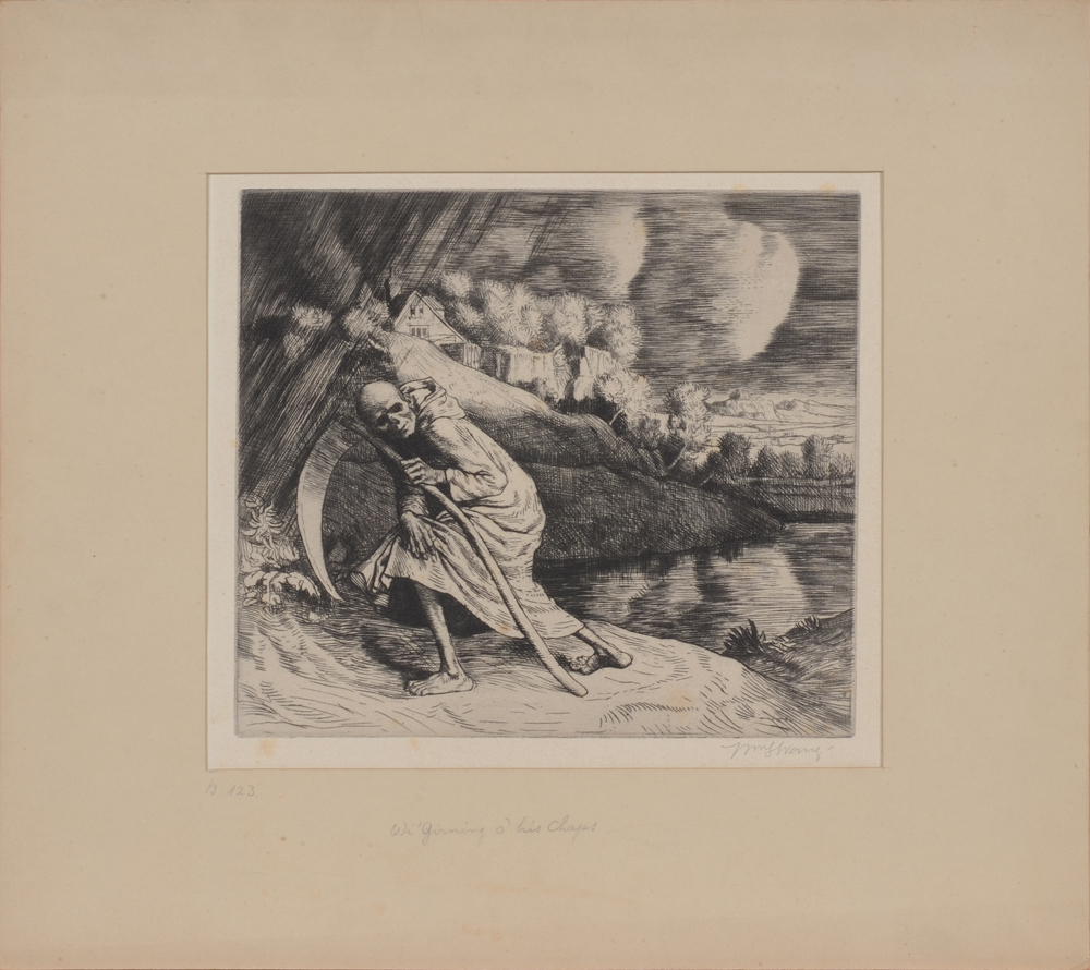 William Strang 'Wi'girning o'his chaps' Etching, engraving and mezzotint — Eau-forte et gravure de la mort. Un d'une série de douze. Signée par l'artiste.