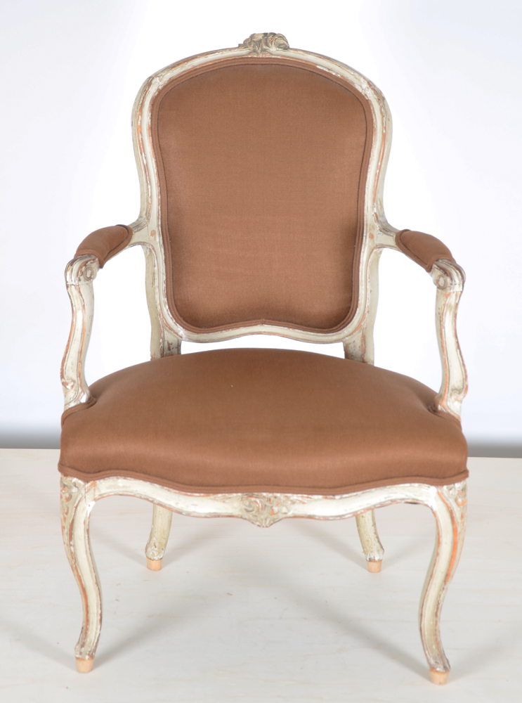 A pair of LXV patinated wood armchairs, possibly from the period — Detail of one of the chairs