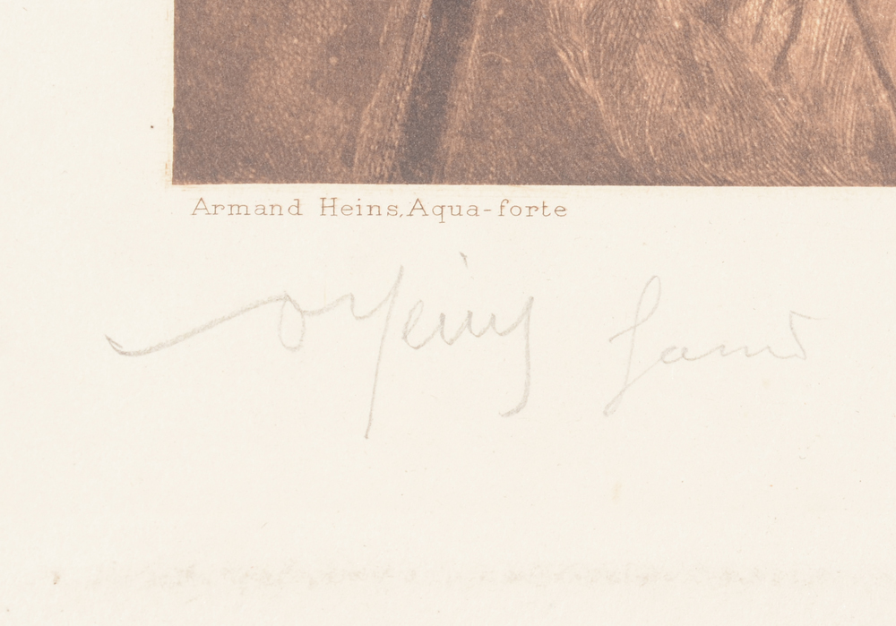 Armand Heins 'Le Gouter' signature  — Signature of the artist with city of Ghent on the bottom left in pencil, 'A. Heins Gand'. Written on the photogravure 'Armand Heins Aqua-forte'.