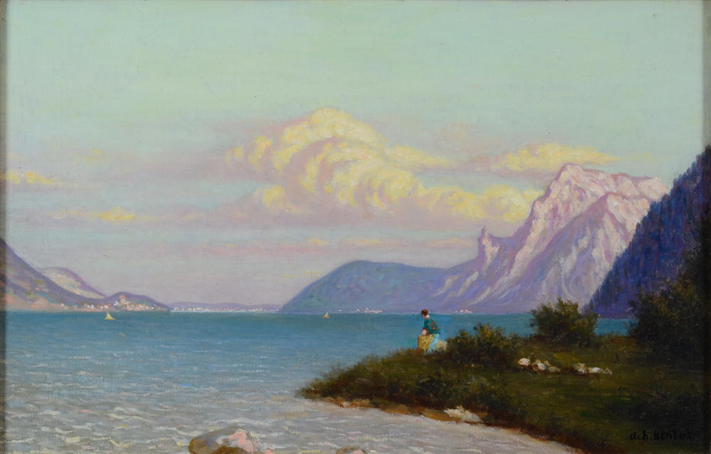 Achille Bentos — vue du lac de Traun en Autriche, huile sur toile signée