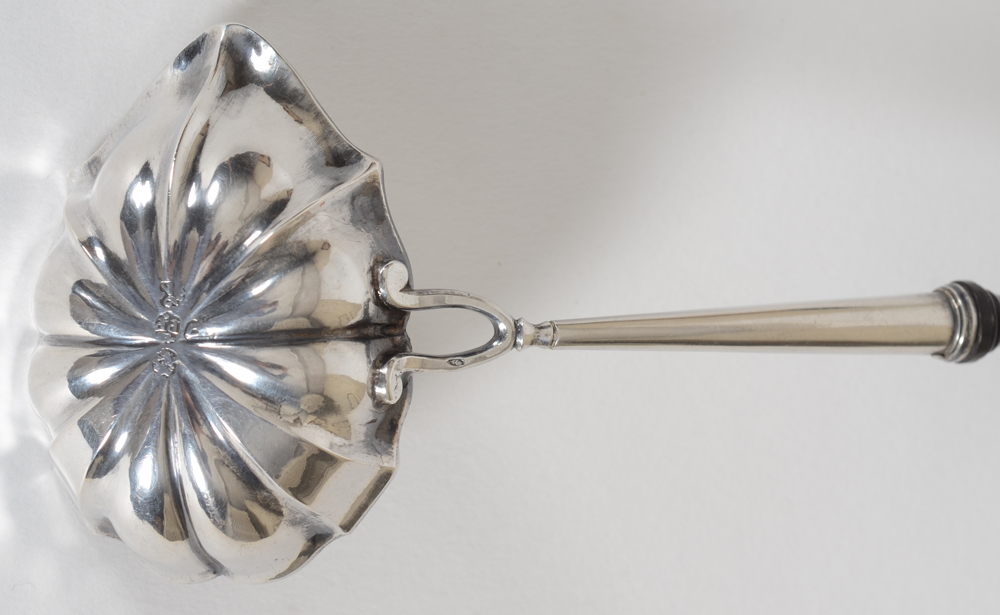 18th century silver and wood punch ladle, Bruges, 1776 — Detail of the back showing the marks