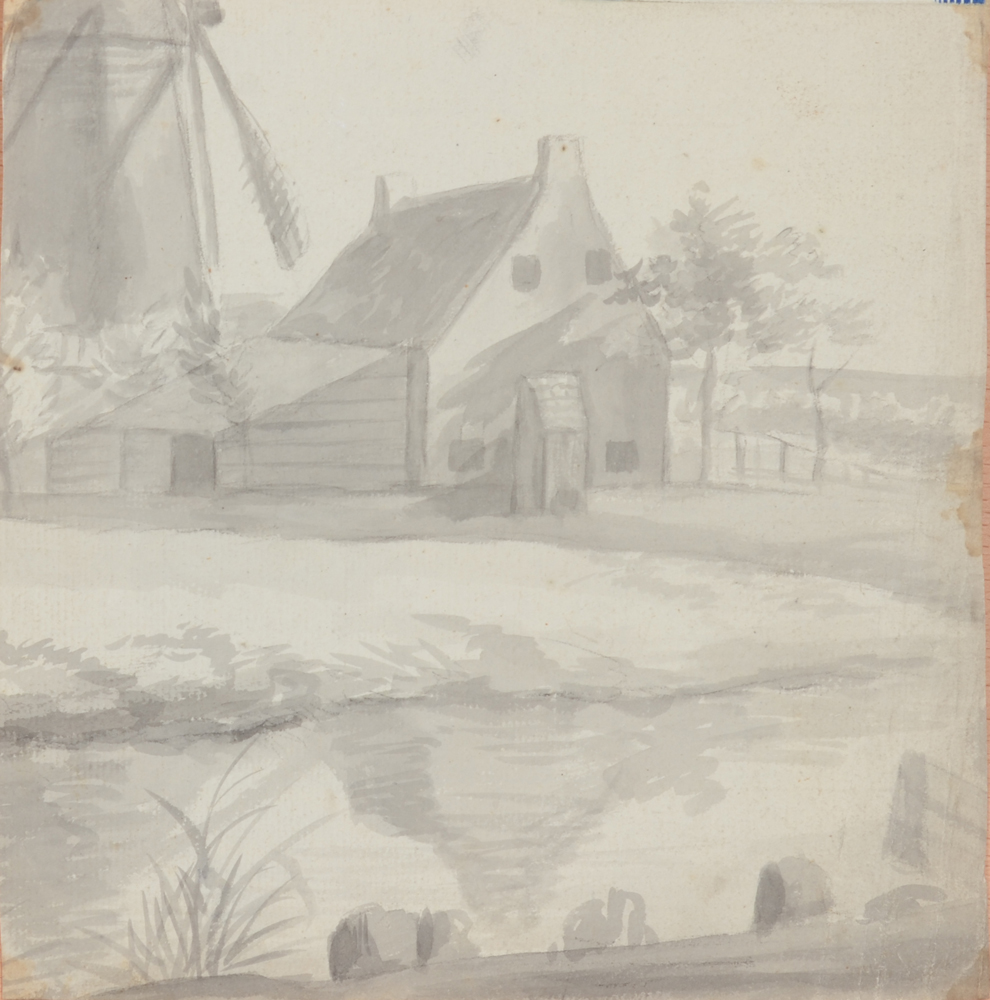 Nicolaes Berghem attributed — Back of the drawing. Ink drawing of small lake, house and windmill, unsigned. 