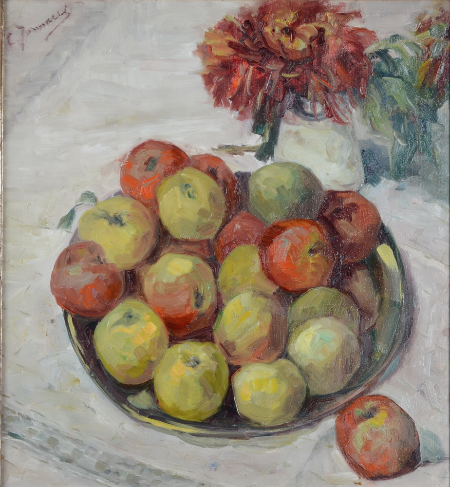 Clémence Jonnaert — Nature morte aux pommes, huile sur toile signée