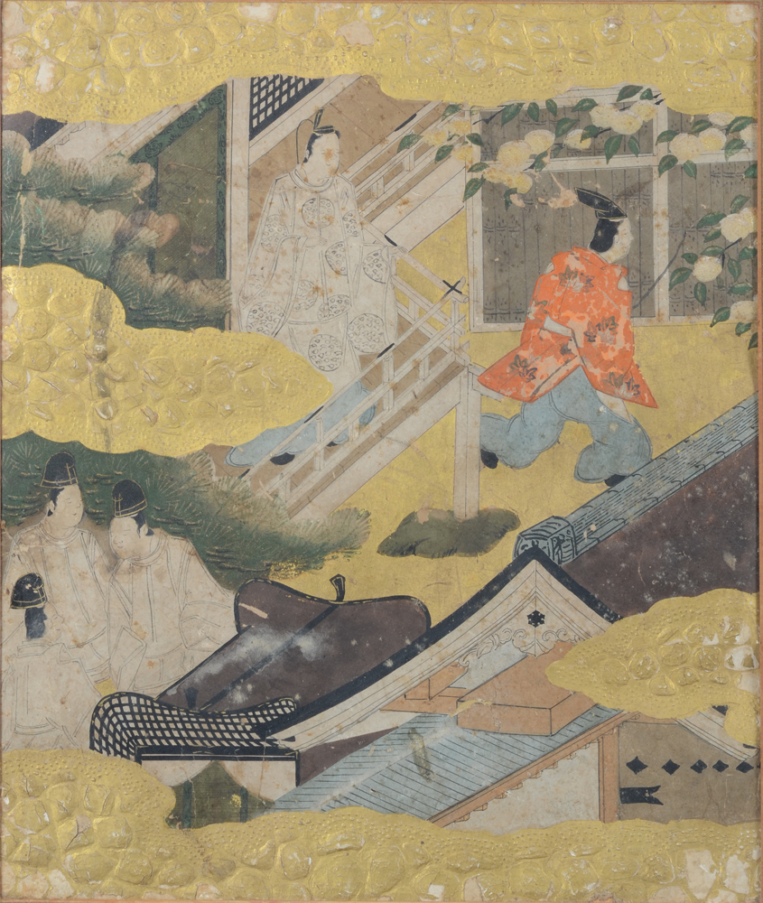 A pair of frames with each three Japanese paintings of court scenes, by an unknown artist, 19th cent — The left panel of the second frame