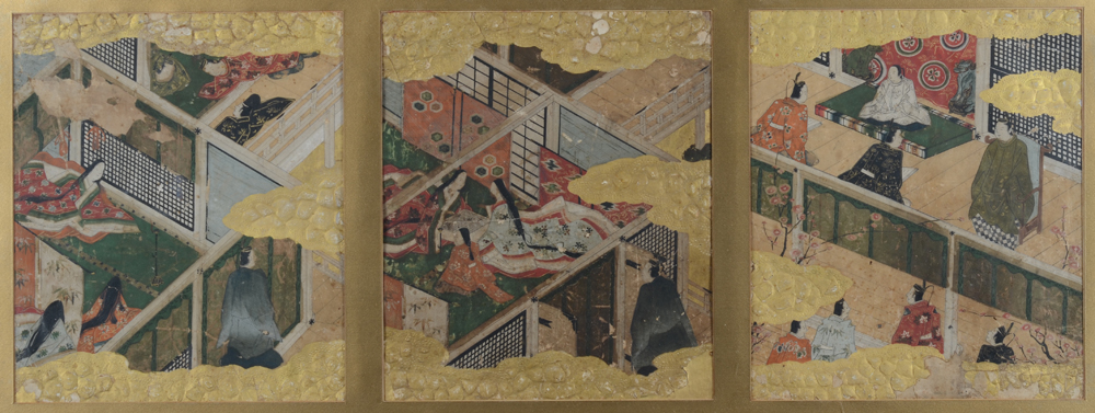 A pair of frames with each three Japanese paintings of court scenes, by an unknown artist, 19th cent — Paire de Tryptiques de peintures Japonaise sur papier, 19e ou plus tôt