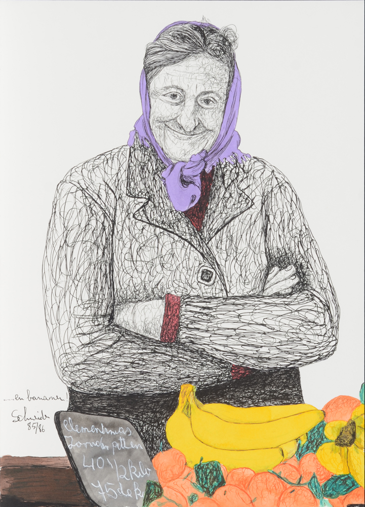Jürgen Schneider '...... en bananen'  — Dessin d'un vendeur de fruits. Signé et daté.