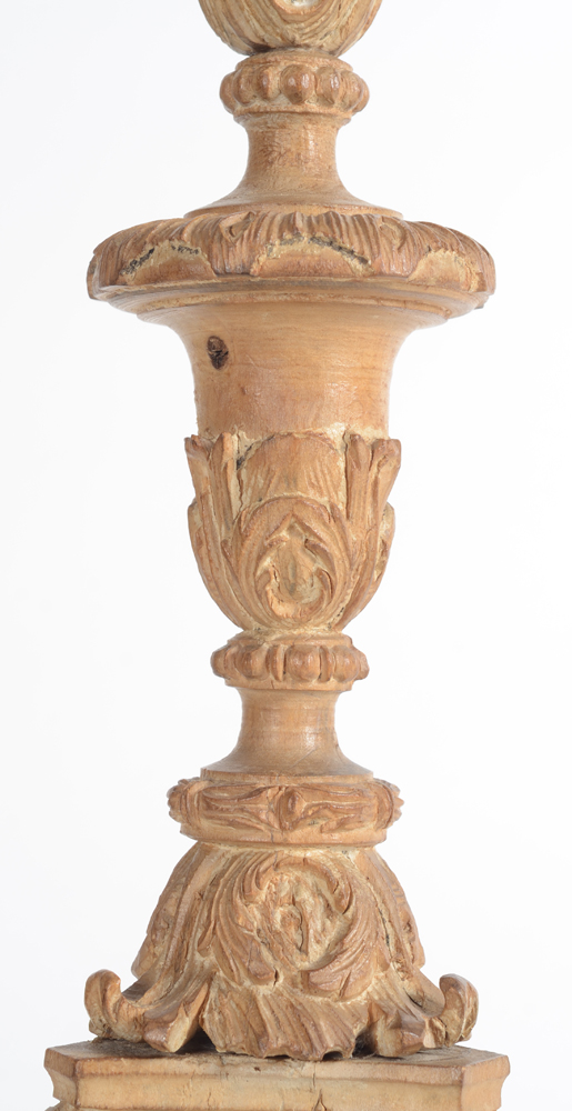 A very well carved decorative wooden pricket candlestick 18th century — the stem with a classical L XVI formed balustre