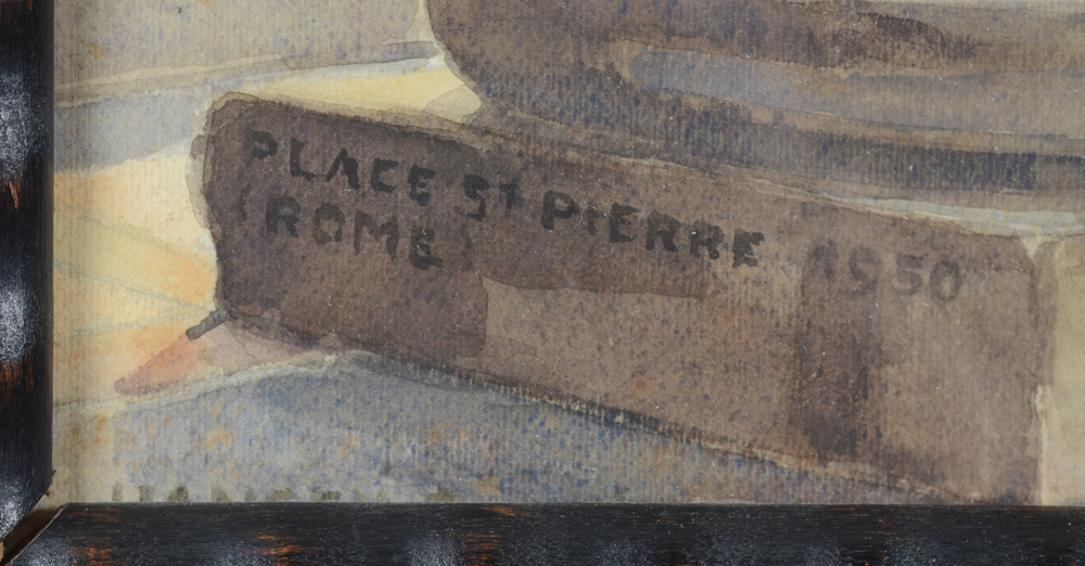 Gilbert Hansen 'Place St. Pierre Rome' watercolour from 1950 — Title and date bottom left, signature&nbsp;visible below.