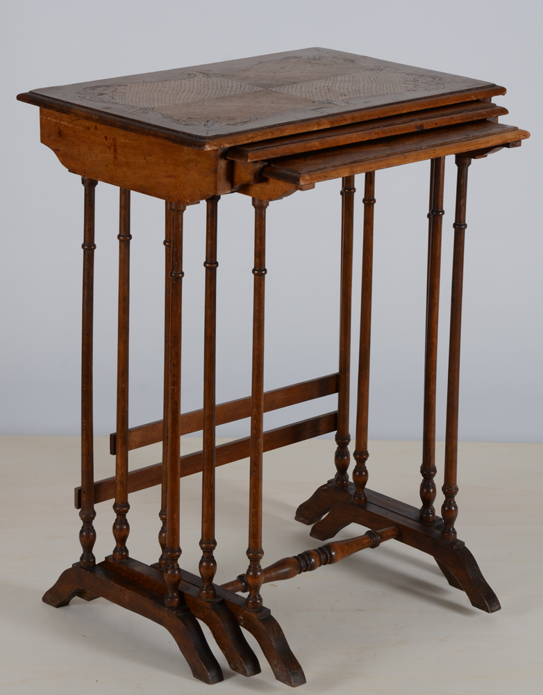 A nest of tables with marquetterie, France, ca. 1900 — The side tables together