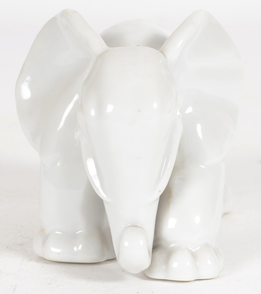 Small white porcelain elephant, 1940-1950's — Frontal view