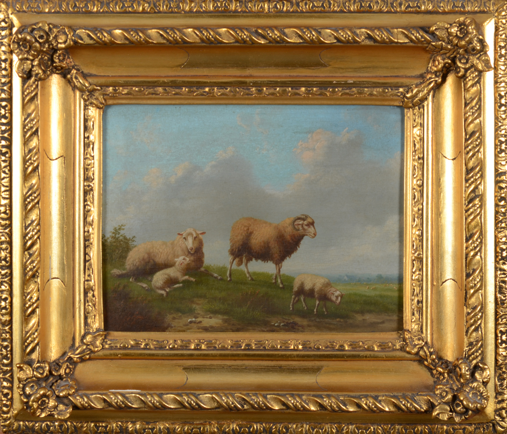 A victorian romantic painting of a family of sheep in a meadow — Peinture huile sur panneau 19e dans son cadre d'origine.