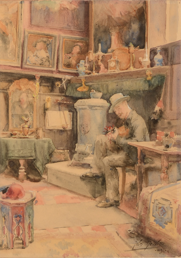 Jules De Wette — Intérieur d'un atelier d'artiste, un homme jouant du luth, aquarelle signée et datée 1891