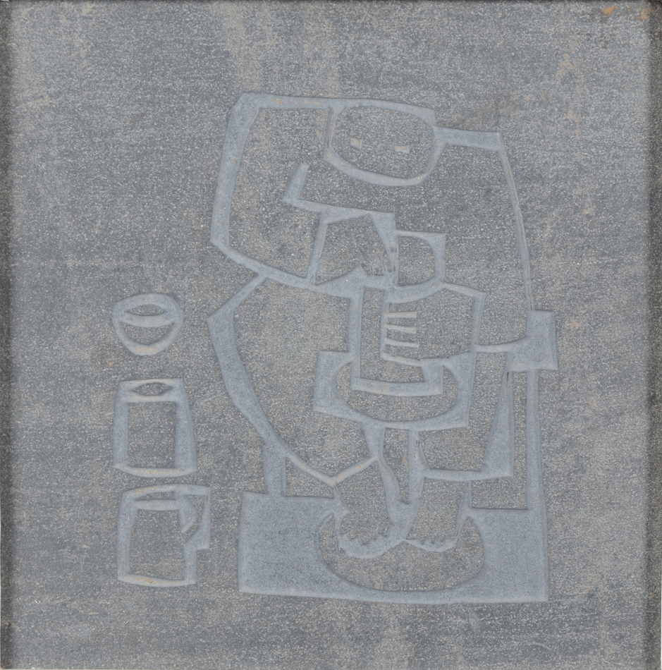 A slate relief of a potter at the turning wheel — Relief en ardoise, figurant un pottier, non signé mais probablement fin années 40-début 50.