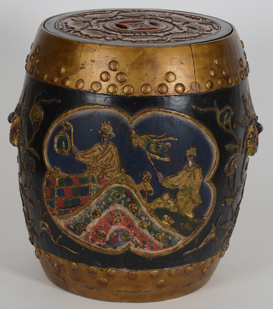 A Chinese barrel shaped polychrome wooden rice container — Other side of the barrel