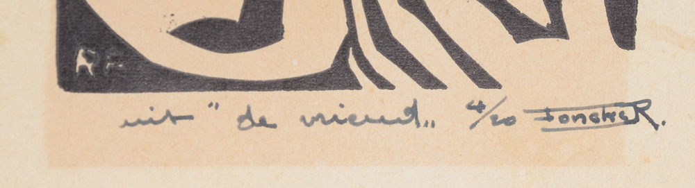 Richard Foncke 'De vriend', linocut — Title, justification and signature of the artist underneath the linocut
