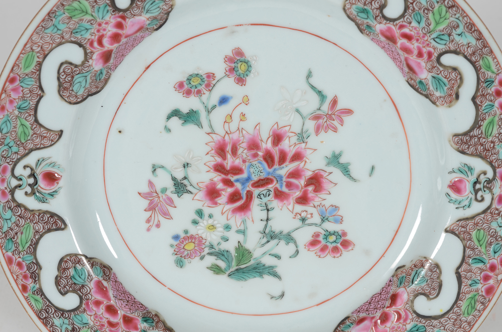 Chinese porcelain famille rose plate — close-up of the skillfully crafted pattern in famille rose enamels