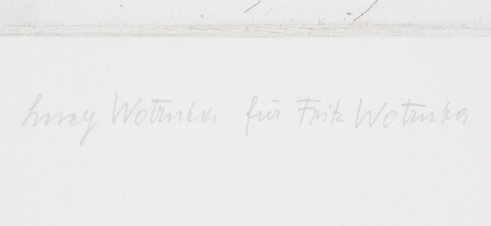 Fritz Wotruba 'Ommagio a Michelangelo' signature — Signature of the artist's wife on the bottom right. 'Für Fritz Wotruba'