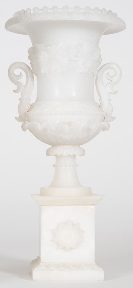 a pair of fine alabaster Medici-shaped vases, ca. 1870 — Detail of one of the vases, view of the front