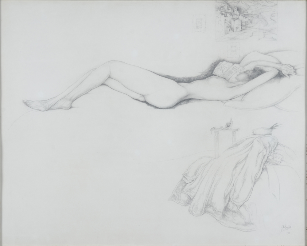 Jules De Bruycker Recling Nude Drawing — Très rare dessin original d'un nu couché