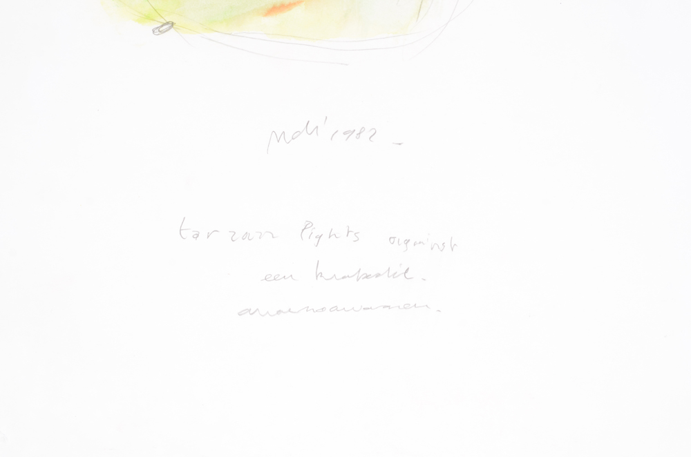 Mario de Brabandere 'Tarzan fights against een krokodil auauauauau' 1982 — Title, signature and date written by the artist underneath the painting in pencil.