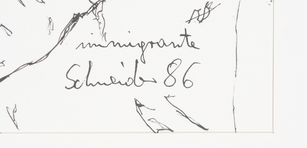 Jürgen Schneider 'Immigrante' signature — Signature of the artist, title and date on the bottom right.