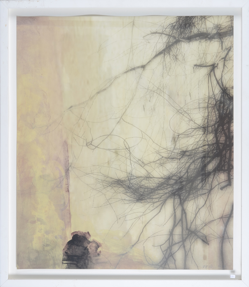 Bent Holstein, In the Park #13, a mixed media work from 2017 — The work in its original frame, the lacquer paint of the edges of the frame slightly damaged