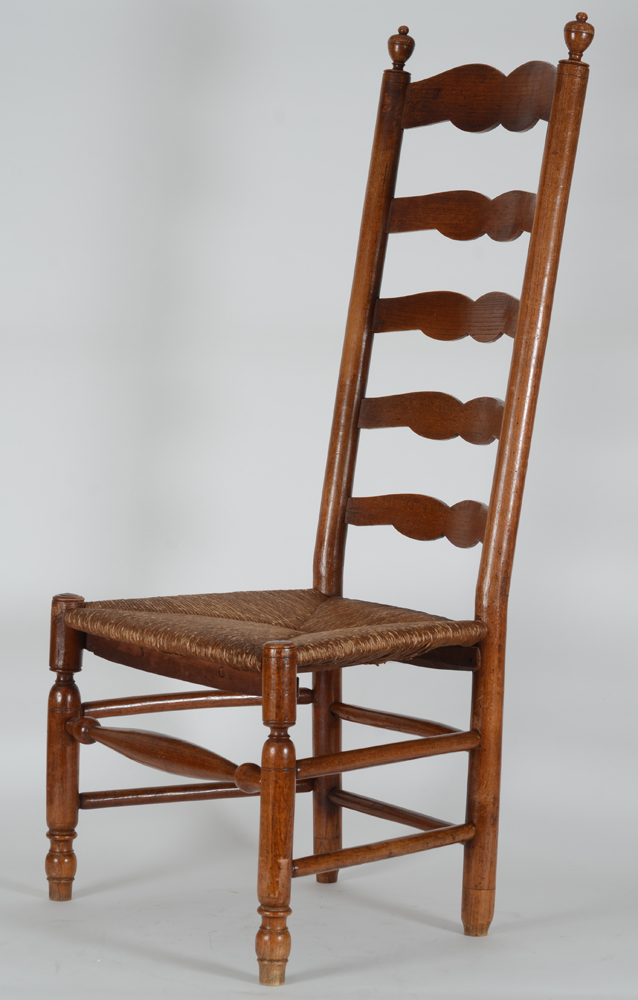 A High back chair, turned wood, Belgian folk art around 1850 — side view