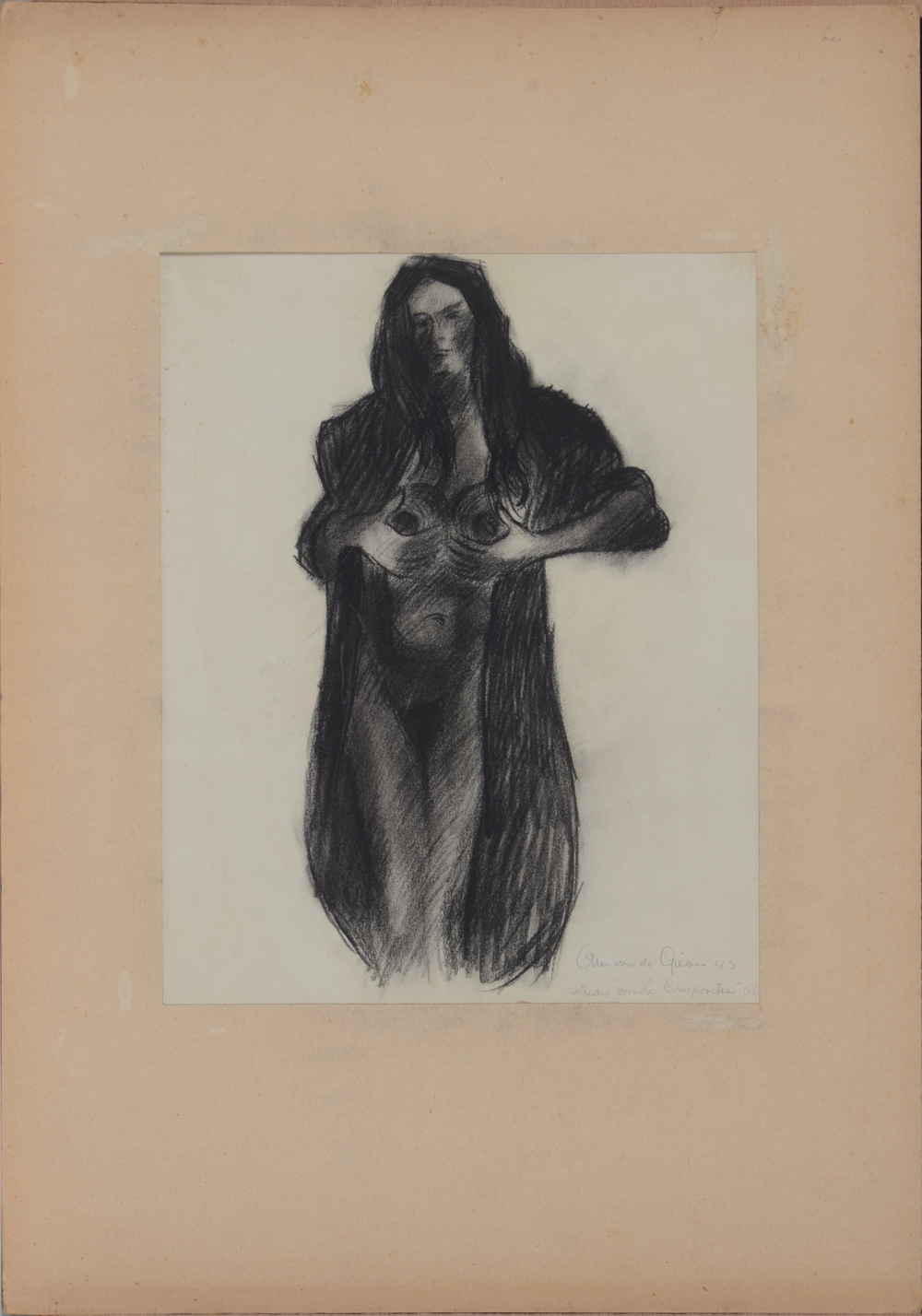 Arie Van Der Giessen 'Studie voor Compositie "Debacle"'  — Dessin d'étude expressionniste, d'une femme debout. Signé et daté.