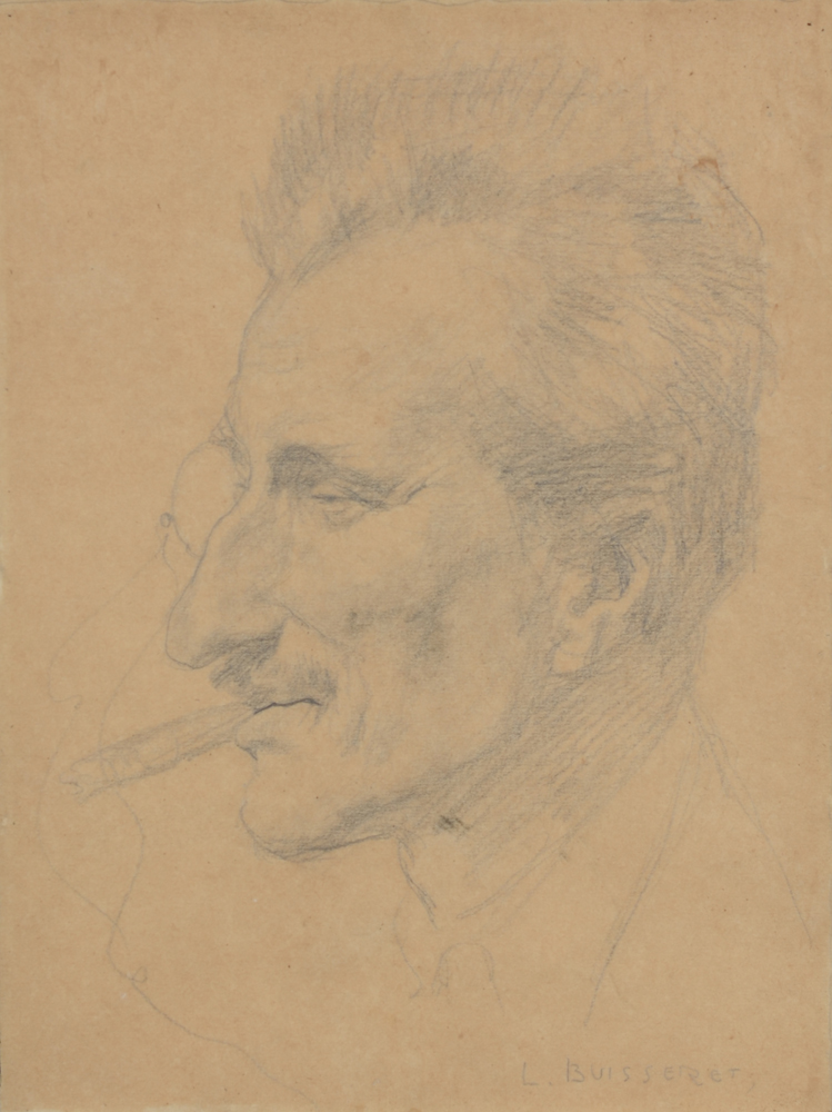 Louis Buisseret — Portrait d'un homme fumant, signé en bas à droite (dessin double face)