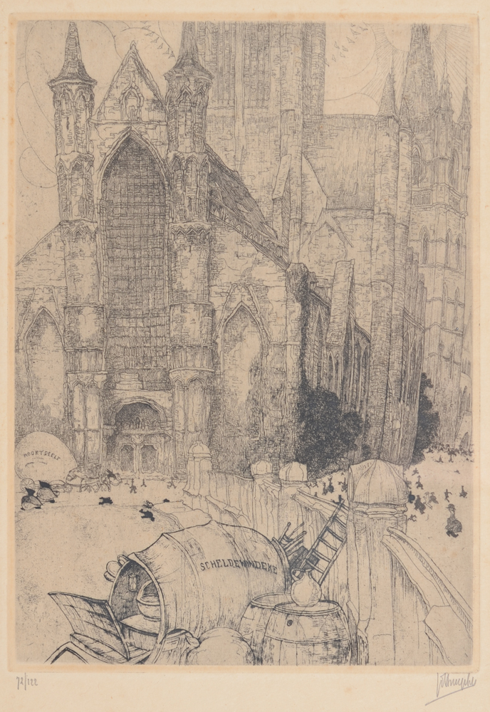 Jules De Bruycker Sint-Niklaas kerk, 1932 — Eau-forte originale de l'église favorite de l'artiste, signée et justifée