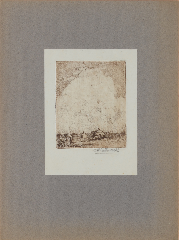 Charles-René Callewaert landscape with harverster — Eau-forte et pointe sèche, signée par l'artiste en crayon. Epreuve rarissime.