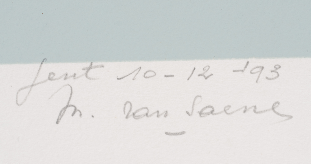 Maurits Van Saene — signature and date next to the dedication by the artist in pencil, bottom left