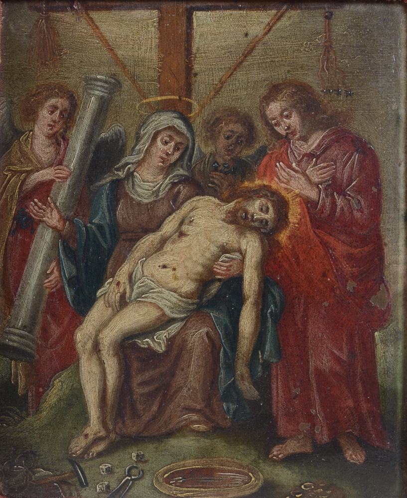 Old Master Painting, deposition from the cross, oil on metal — Peinture ancienne sur metal (probablement cuivre), Flandres, 18e siècle