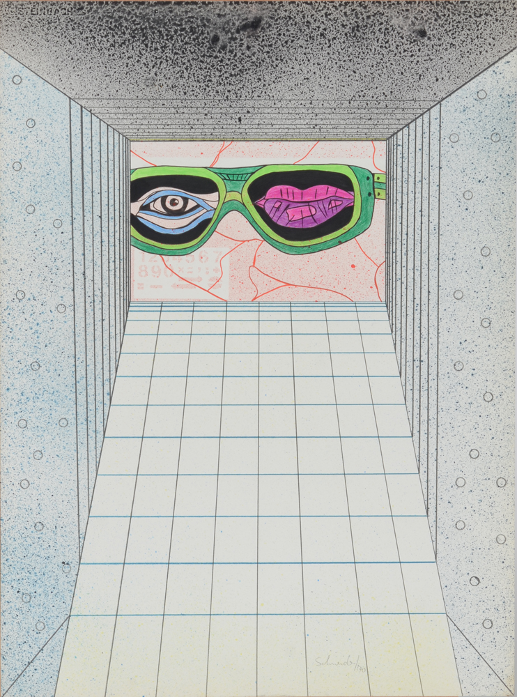 Jürgen Schneider 'Look and talk' screenprint and drawing 1970 — Sérigraphie avec détails en crayon de couleur. Signée et datée, titre également présent sur le dos.