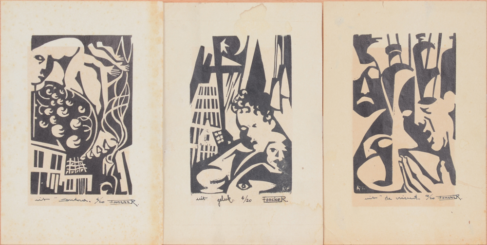 Richard Foncke 'Contra', 'Geluk' and 'De vriend', three linocuts — Linogravures de Foncke. Toutes signées et datées par l'artiste, justification '4/20'