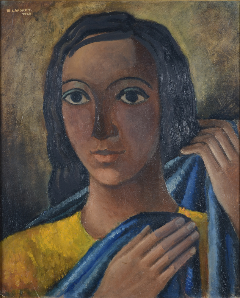 Marcel Laforêt  — Portrait expressioniste d'une fille à l'écharpe bleue, huile sur carton, signée et datée 1929