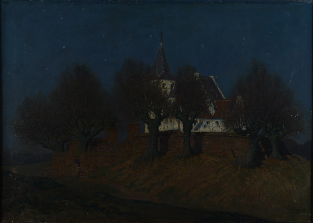 Derk Wiggers — Vue nocturne d'une église au Limbourg (Hollande), lumière de lune, huile sur toile signée