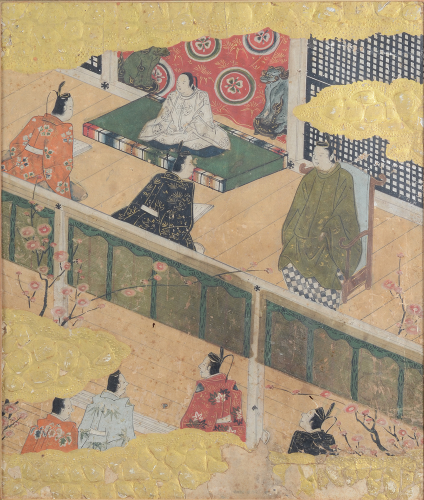 A pair of frames with each three Japanese paintings of court scenes, by an unknown artist, 19th cent — The right panel of the first frame