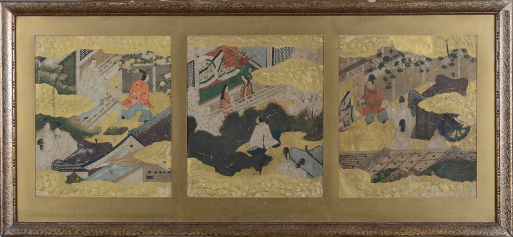 A pair of frames with each three Japanese paintings of court scenes, by an unknown artist, 19th cent — The second triptych in its frame