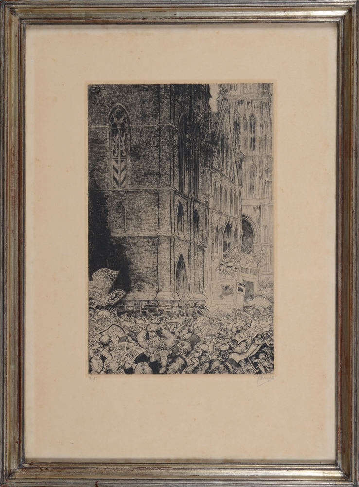 Jules De Bruycker (1870-1945), Kerwinkel onder de draake — the etching in its original frame