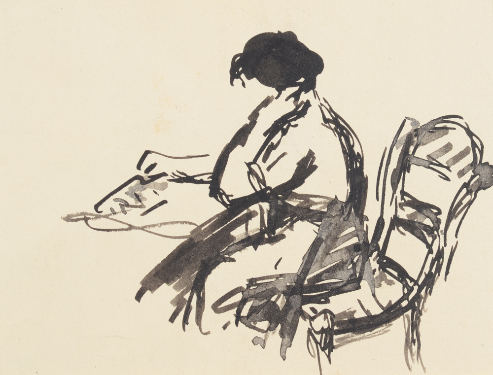 Maurice Dupuis — Femme lisant, dessin à l'encre de chine