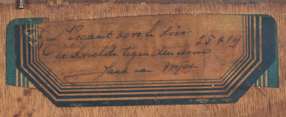 Jaak van Wijck 'De Schelde tegen den avond' Oil painting. Label detail — Label on the back of the board, Title written in French and Dutch, dimension is also mentioned on the label.