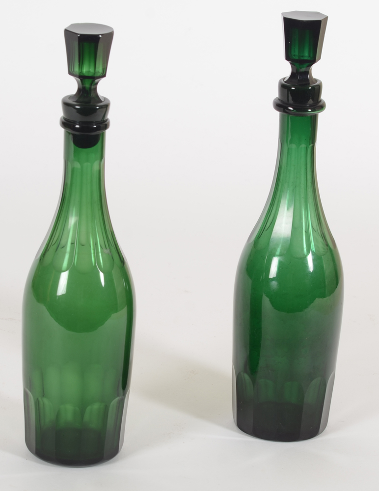 Two early emerald green cut glass decanter bottles, probably England, 19th century — Alternate view