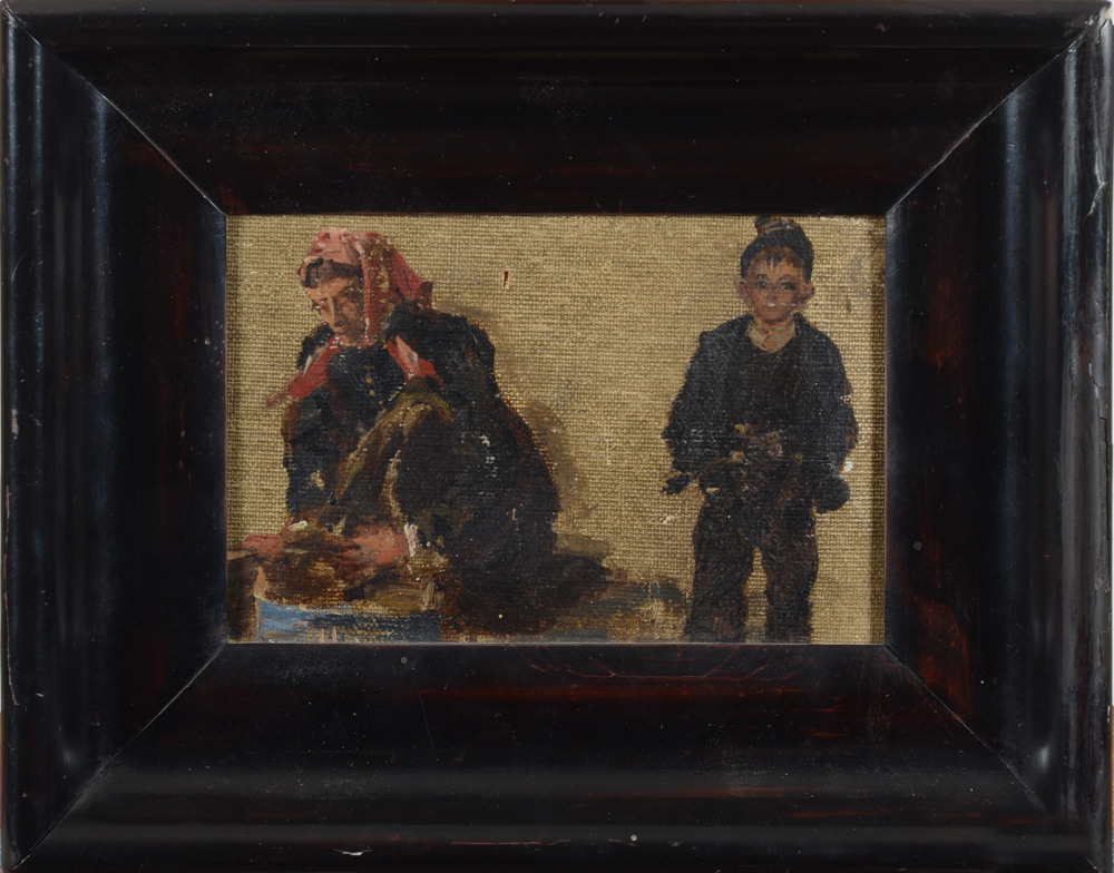 A small oil on canvas study of a peasant woman and boy, ca. 1900 — the painting in its frame